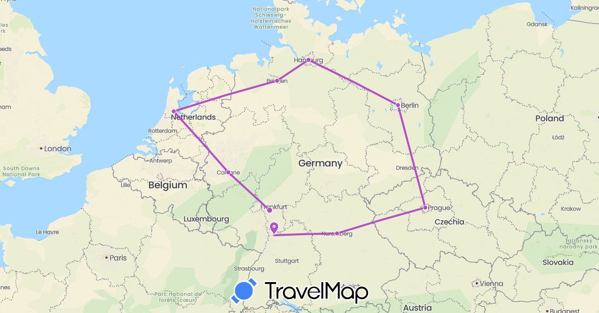 TravelMap itinerary: driving, train in Czech Republic, Germany, Netherlands (Europe)